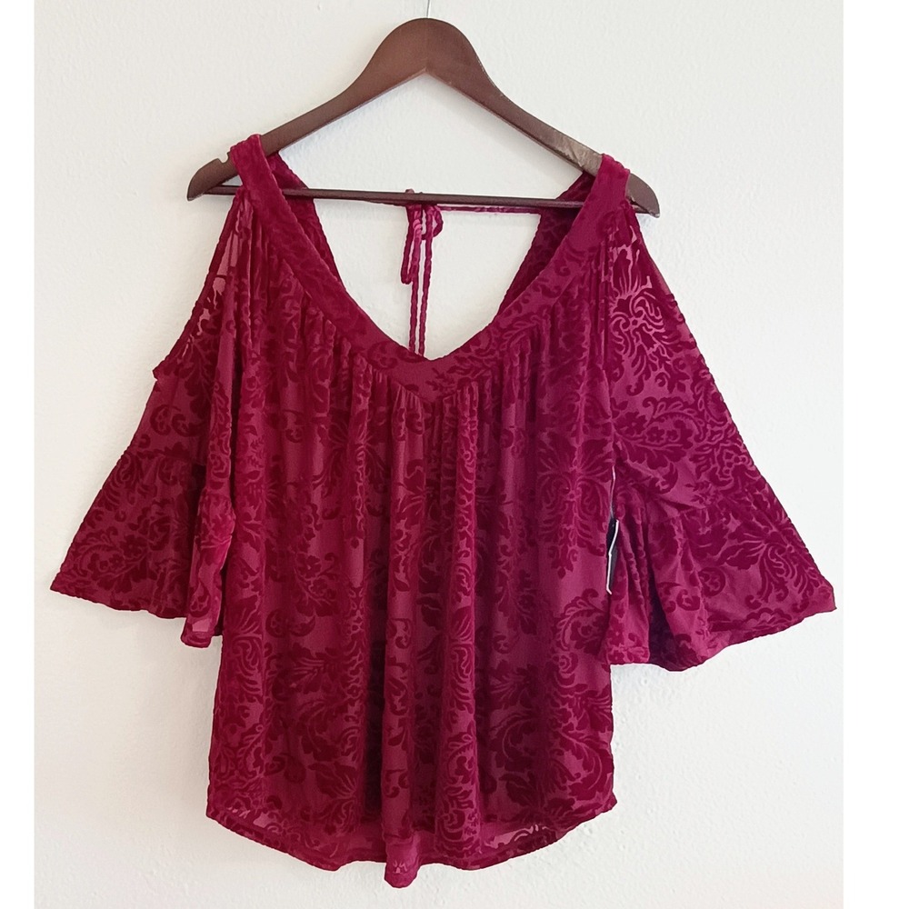 Always Indigo Burgundy Burnout Velvet Cold Shoulder Bell Sleeve Top XL NEW